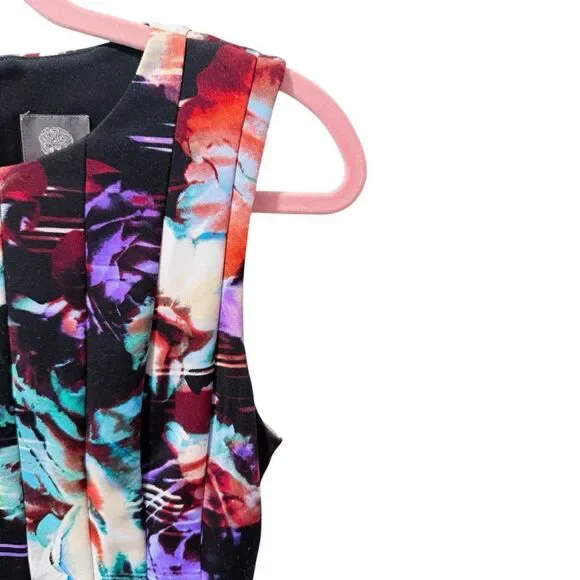 Vince Camuto Black Multi Sleeveless Printed Pleated A-Line Dress Lined 16 - Picture 7 of 12